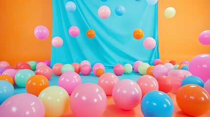 Wall Mural - A 3D rendering of a colorful and playful scene with a blue cloth draped in the background and a bunch of balloons scattered on the ground.