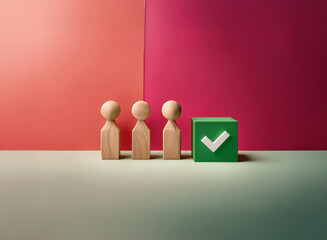 Poster - Grainy texture image shows four wooden figurines standing in a row before a green cube with a checkmark.  The background features coral and burgundy walls.