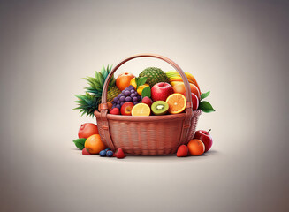 Poster - A brown wicker basket overflows with a vibrant assortment of fresh fruits. The grainy texture of the basket contrasts beautifully with the smooth, colorful fruits.