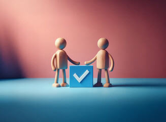 Leinwandbilder - Two wooden figurines shake hands beside a grainy textured blue square with a checkmark.  A symbolic representation of agreement or completion.
