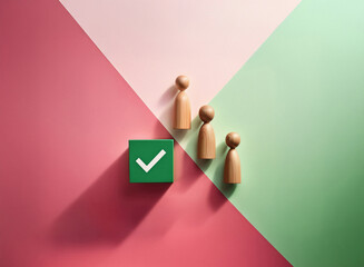 Poster - Grainy texture image of wooden figures ascending a staircase towards a green checkmark cube on a pastel background.  The scene suggests progress, approval, or completion.