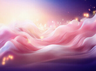 Poster - Grainy texture, dreamy landscape of soft pink and white waves undulating under a purple-pink sky.  Glowing particles add ethereal luminescence.