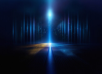Poster - Grainy texture, dark background, illuminated by vertical blue and white light beams converging at a central point.  A textured, reflective surface stretches from the light source.