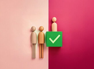 Aufkleber - Grainy texture image of three wooden figures standing before a green cube with a checkmark, against a pink and burgundy background.  The scene suggests a decision or selection process.