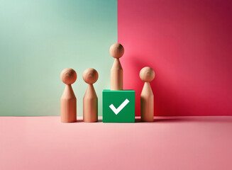 Leinwandbilder - Grainy image of wooden peg dolls, one taller than the others, standing before a green square with a checkmark.  The texture of the wood is visible.  A minimalist, colorful backdrop.