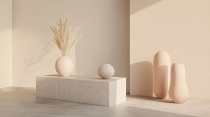 Aufkleber - Soft pastel peach and gray forms arranged harmoniously in a tranquil interior space
