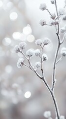 Poster - Glowing silver and gray toned branches adorned with delicate frosted blooms in a serene winter setting