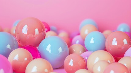 Wall Mural - A lot of pastel color balls on a pink background. 3d rendering.