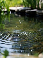 Poster - Close-up of a water droplet falling into a serene pond creating ripples under a sunny sky