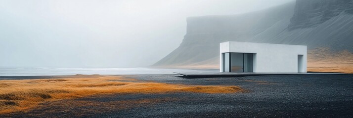 Wall Mural - Minimalist white house stands serenely on the foggy coast of iceland, evoking a sense of peace and tranquility