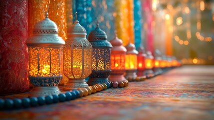 Wall Mural - A mesmerizing row of ornate lanterns glows warmly against a vibrant backdrop of colorful fabrics creating a magical Ramadan atmosphere