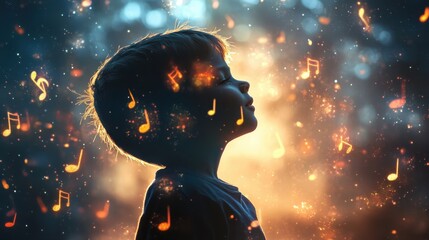 Aufkleber - Surreal visualization of a child's silhouette surrounded by glowing musical notes in a dreamy landscape
