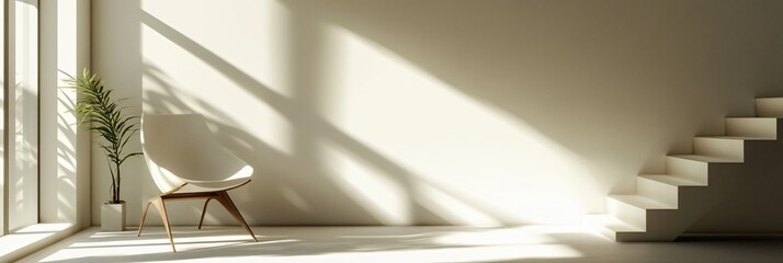 Wall Mural - Sunlight illuminating a modern, minimalist interior with white chair, potted plant, and staircase