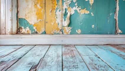 A close-up of an old, weathered wooden floor with peeling paint and worn-out white baseboards in the background. 