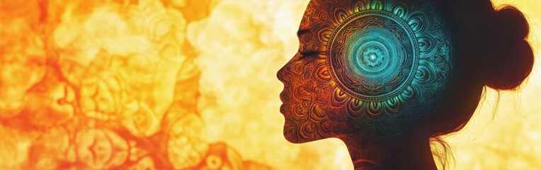Poster - Serene portrait of a woman with intricate designs on her face against vibrant colors