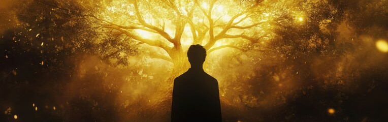 Poster - Mystical silhouette of a man standing in front of a glowing tree in an ethereal forest at twilight