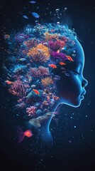 Aufkleber - Mystical children's silhouette filled with vibrant marine life and coral reef elements in a dreamlike underwater world