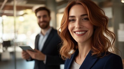 Aufkleber - Confident businesswoman smiles warmly while her colleague engages with a tablet in a modern office setting