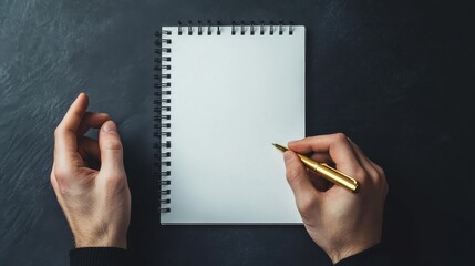 Fototapete - Hands holding a pen above a blank notepad on a dark surface in a creative workspace