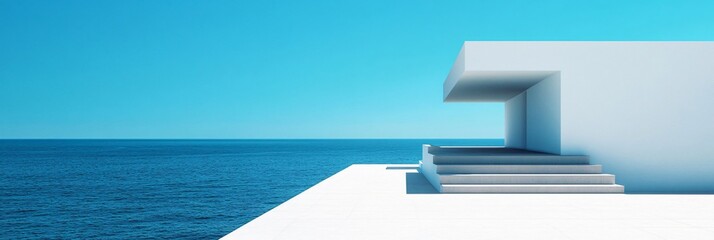 Wall Mural - Modern white building with steps leading to beautiful blue ocean, representing luxury and tranquility