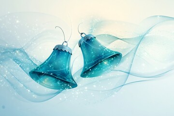 Wall Mural - two blue christmas bells hanging and swinging with sparkling lights and elegant ribbons