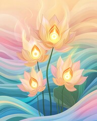 Wall Mural - Chakra Sci-Fi Motion, Ethereal Floral Arrangement of Glowing Lotus Blossoms in Soft Pastel Tones on a Serene Background