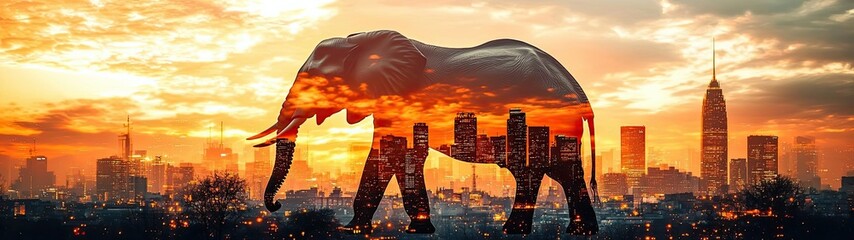 Wall Mural - Majestic Elephant Silhouette Against Vibrant Sunset Over Cityscape Skyline