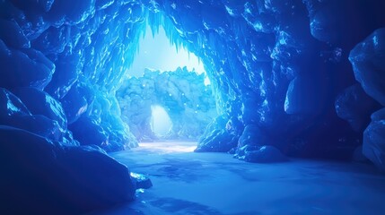 Wall Mural - a breathtaking view of a glowing ice cave with blue and white frozen walls.