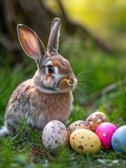 Wall Mural - Rabbit and easter eggs frame watercolor mammal animal plant.