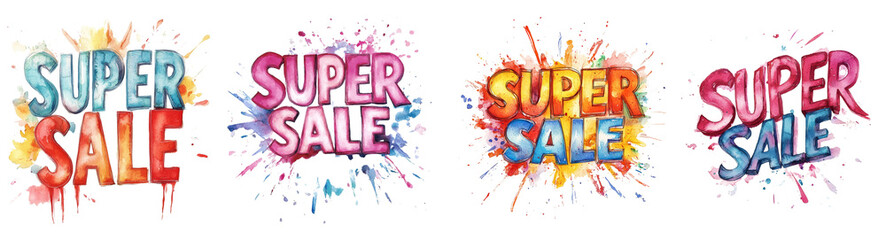 Wall Mural - The image showcases four watercolor renditions of the words Super Sale, each with a unique color scheme and vibrant splatter background.