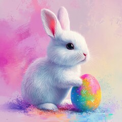 Wall Mural - Cute Easter bunny with a colorful Easter egg. Generative AI