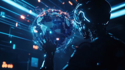 Wall Mural - cybernetic hand holding digital globe