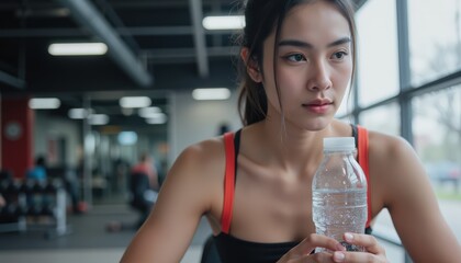 Focused Woman with Water Bottle in Gym Training Environment