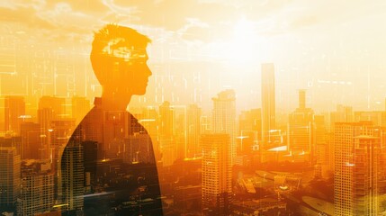Digital World: A Silhouette of a Man Overlaid with a Cityscape and Digital Elements