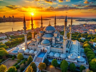 Wall Mural - Istanbul Sunrise: Aerial View of Blue Mosque & City Panorama