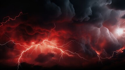 Poster - Dramatic Stormy Sky with Bright Red Lightning Illuminating Dark Clouds During Intense Weather Conditions at Dusk