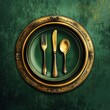 © lestari - Gold flatware on a green plate, food prep, dark green background, suitable for design