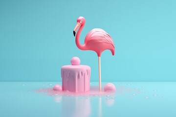 Wall Mural - Pink flamingo cake topper with minimalist design on a pastel background