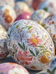 Wall Mural - Close-Up of Easter Eggs with Stunningly Detailed Floral Patterns - Generative Ai