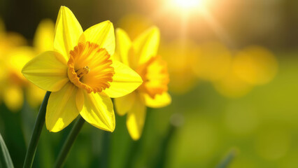 Aufkleber - Bright yellow daffodils glow under the sunlight with a blurred green background. Concept of: Spring light. Saint David's Day