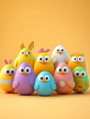 Wall Mural - Easter egg character. Cute adorable easter background. Group of colorful eggs cartoons characters