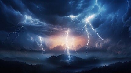 Poster - Dramatic Thunderstorm with Lightning Illuminating Dark Clouds Over Landscape at Dusk, Capturing Nature's Raw Power and Beauty