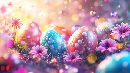 Wall Mural - Background, eggs and color for holiday, vacation and easter season with color, chocolate and celebration. Flowers, banner and decoration in abstract for creative wallpaper, advertisement and art.