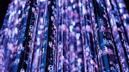 Wall Mural - binary data transfer loop seamless animation. depth of field effect. ai concept. technology product 