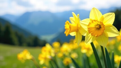 Bright yellow daffodils bloom in a field with mountains in the background. 
Concept of spring awakening. Saint David's Day