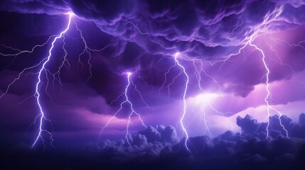 Poster - Dramatic Forked Lightning Bolts Illuminating Dark Storm Clouds in a Vibrant Purple Sky during an Impressive Thunderstorm Display