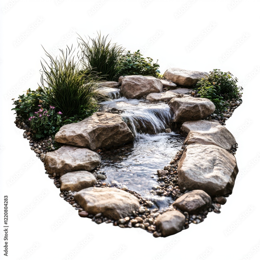 Serene Garden Water Feature with Natural Stone and Lush Greenery ...
