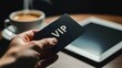 © PongSS - Exclusive Access - VIP Lounge Scene, A hand holding a gleaming VIP card against a backdrop of a steaming cup of coffee and a sleek tablet. Evokes an image of luxury, exclusivity.