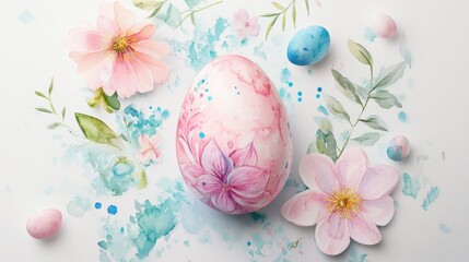 Wall Mural - The background of a light pink Easter egg is decorated with flowers and leaves in watercolor.