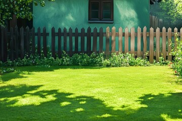 Green grass or meadow of a private villa garden. A wall or fence with green lawn of a private property. --ar 3:2 --v 6.1 Job ID: 1d6b297f-559f-4bee-82e5-8907d2f7a445